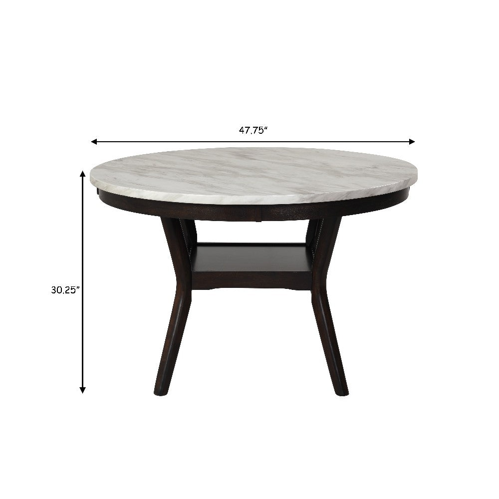 Benjara Kate 47 Inch Round Dining Table with Faux Marble Top, White And Brown