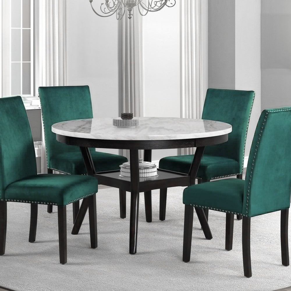 Benjara Kate 47 Inch Round Dining Table with Faux Marble Top, White And Brown