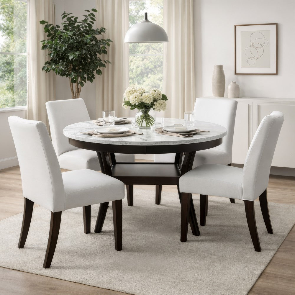 Benjara Kate 47 Inch Round Dining Table with Faux Marble Top, White And Brown