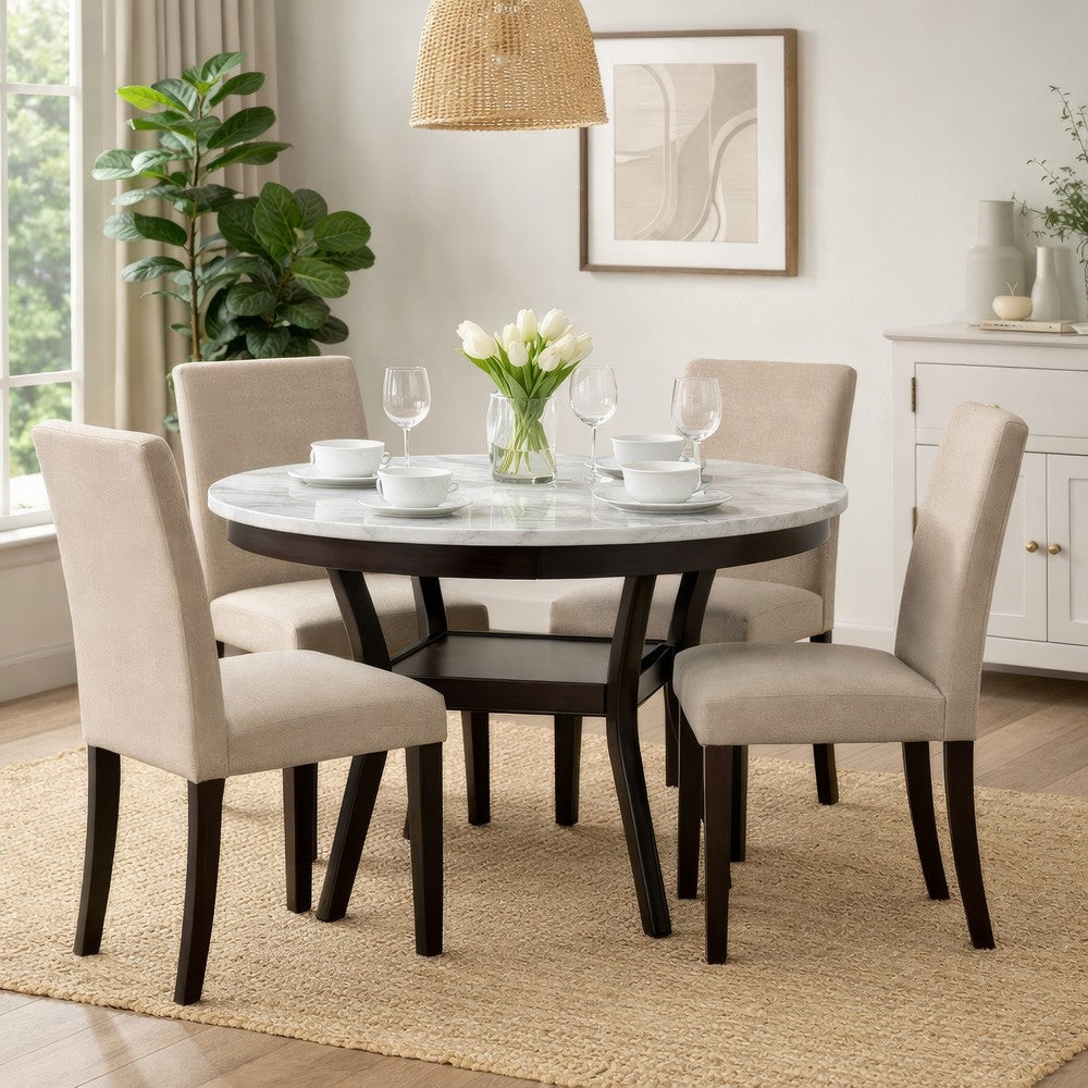 Benjara Kate 47 Inch Round Dining Table with Faux Marble Top, White And Brown