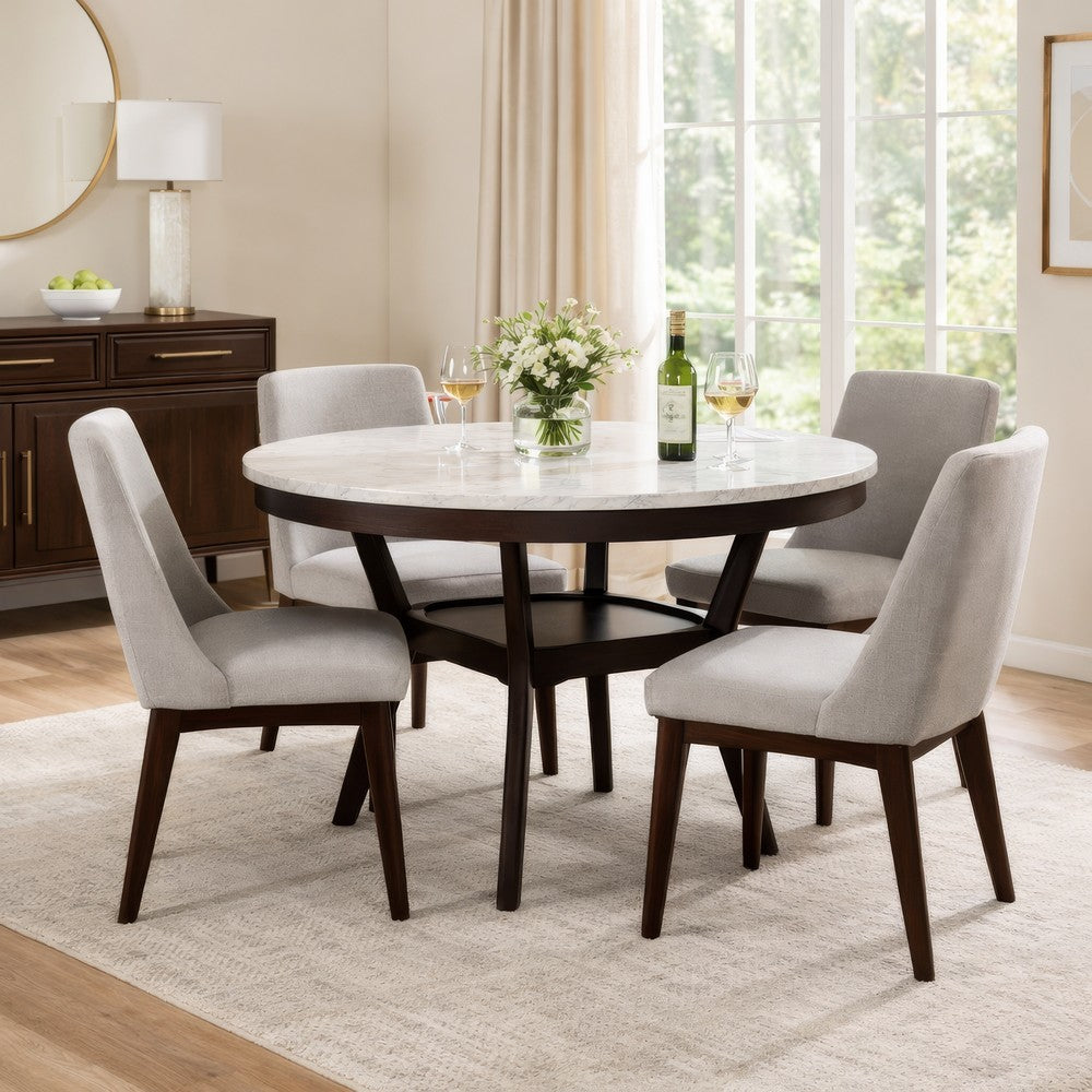 Benjara Kate 47 Inch Round Dining Table with Faux Marble Top, White And Brown