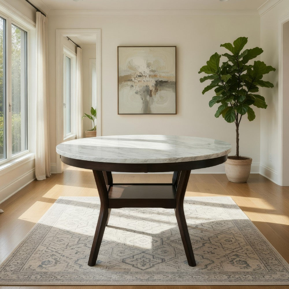 Benjara Kate 47 Inch Round Dining Table with Faux Marble Top, White And Brown