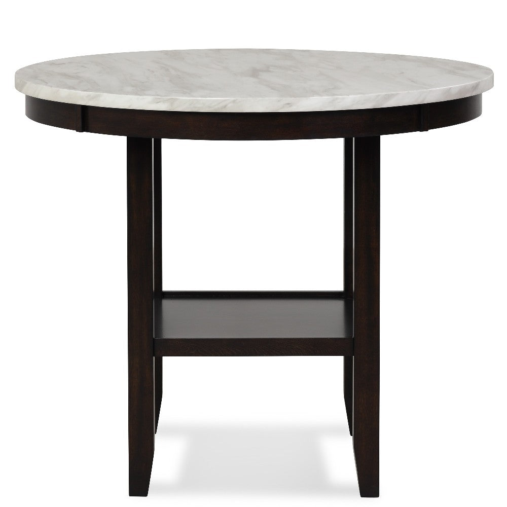 Benjara Kate 42 Inch Round Counter Table, Faux Marble Top, White, Espresso