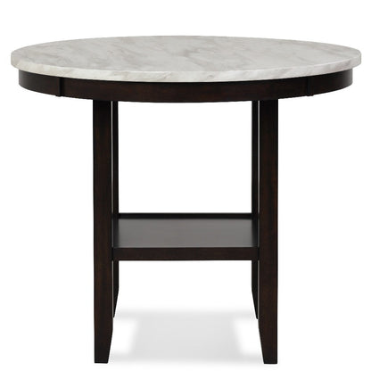 Benjara Kate 42 Inch Round Counter Table, Faux Marble Top, White, Espresso