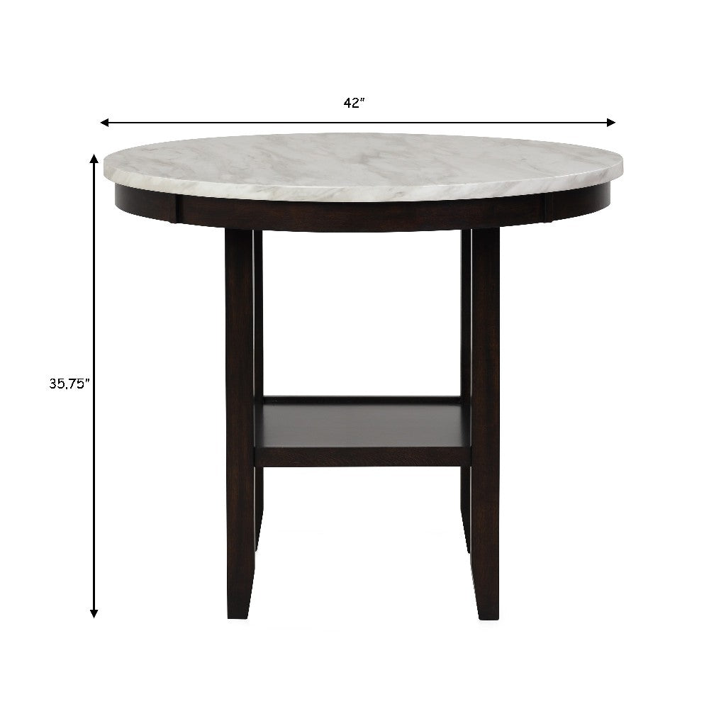 Benjara Kate 42 Inch Round Counter Table, Faux Marble Top, White, Espresso