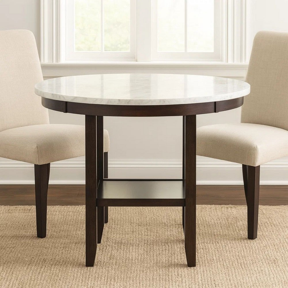 Benjara Kate 42 Inch Round Counter Table, Faux Marble Top, White, Espresso