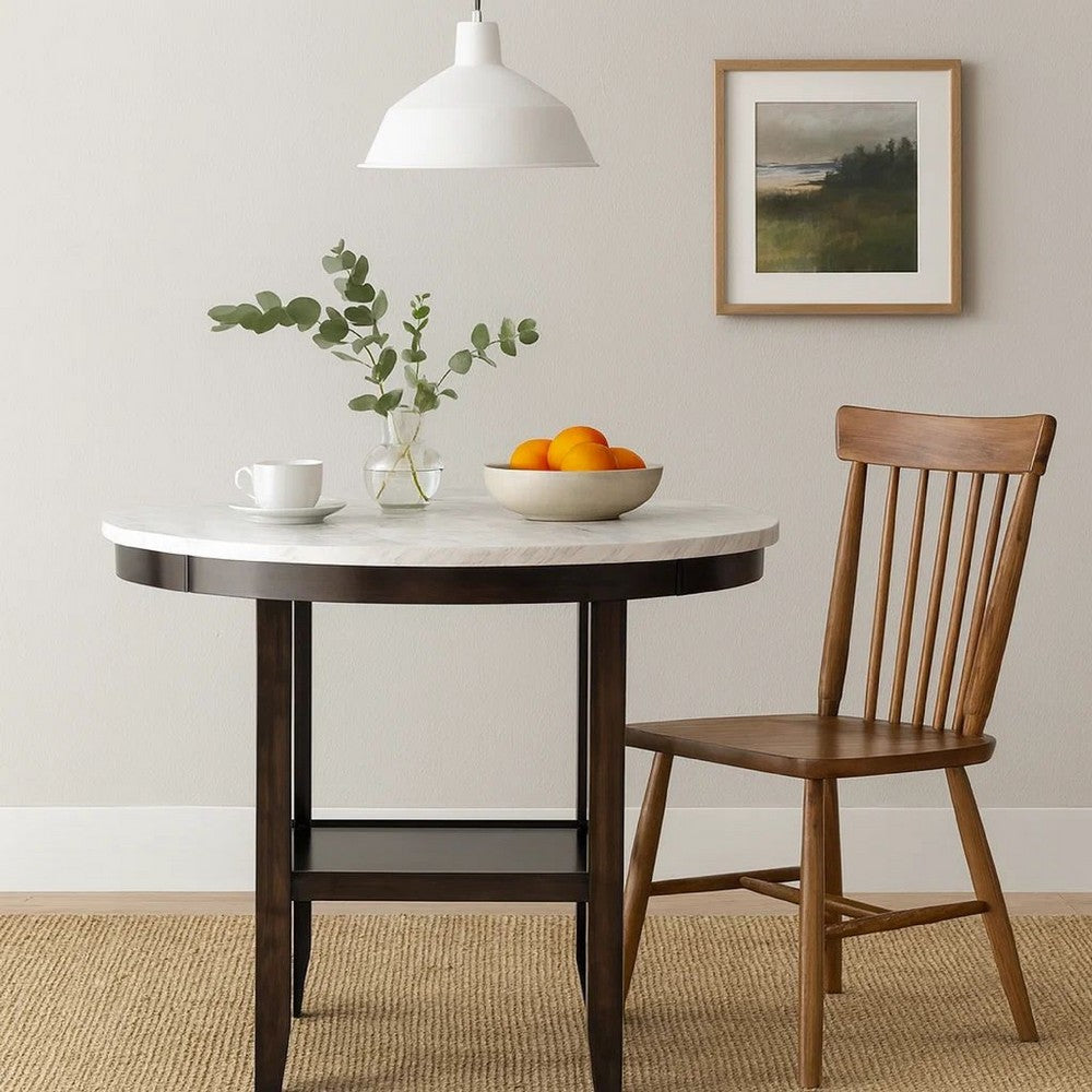 Benjara Kate 42 Inch Round Counter Table, Faux Marble Top, White, Espresso
