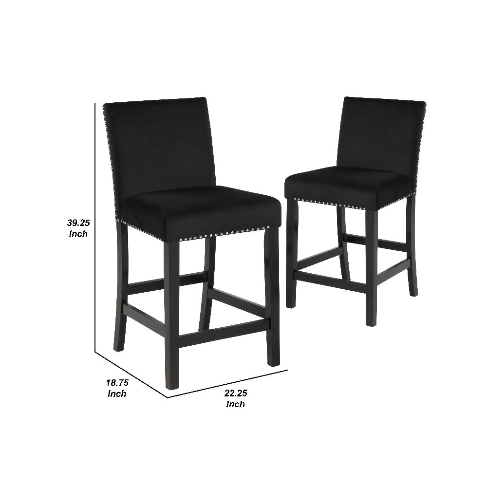Benjara Kate 40 Inch Wooden Counter Height Chair with Velvet Seat, Set of 2, Black