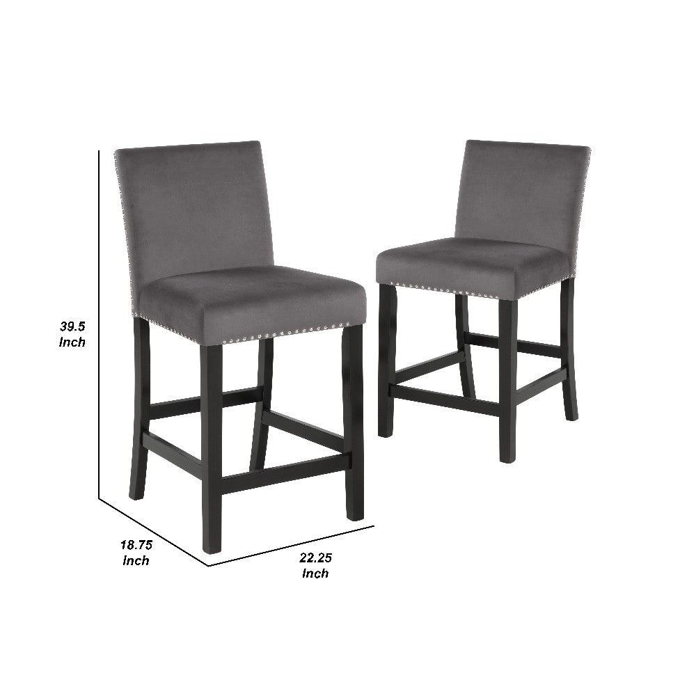 Benjara Kate 40 Inch Wooden Counter Height Chair with Velvet Seat, Set of 2, Gray