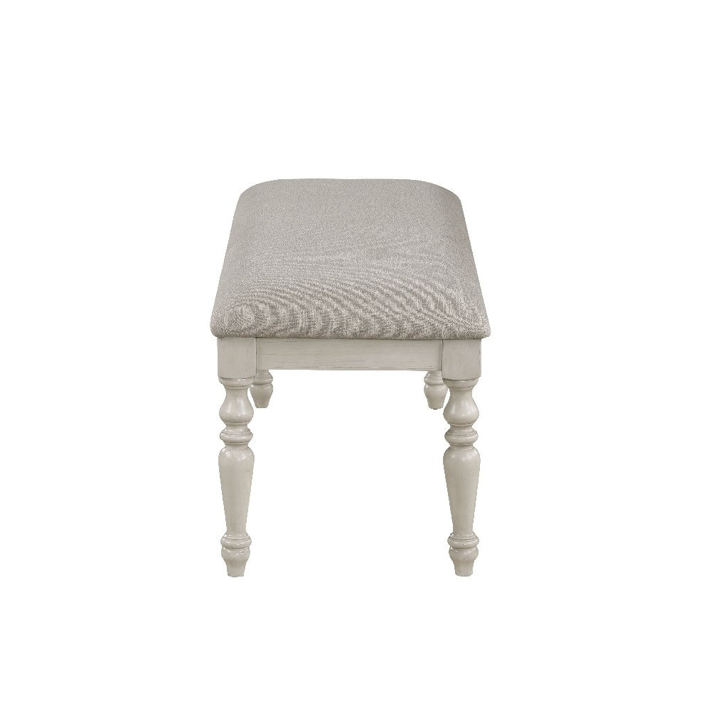 Benjara Katherine 48 Inch Bench with Fabric Seat And Turned Legs, White