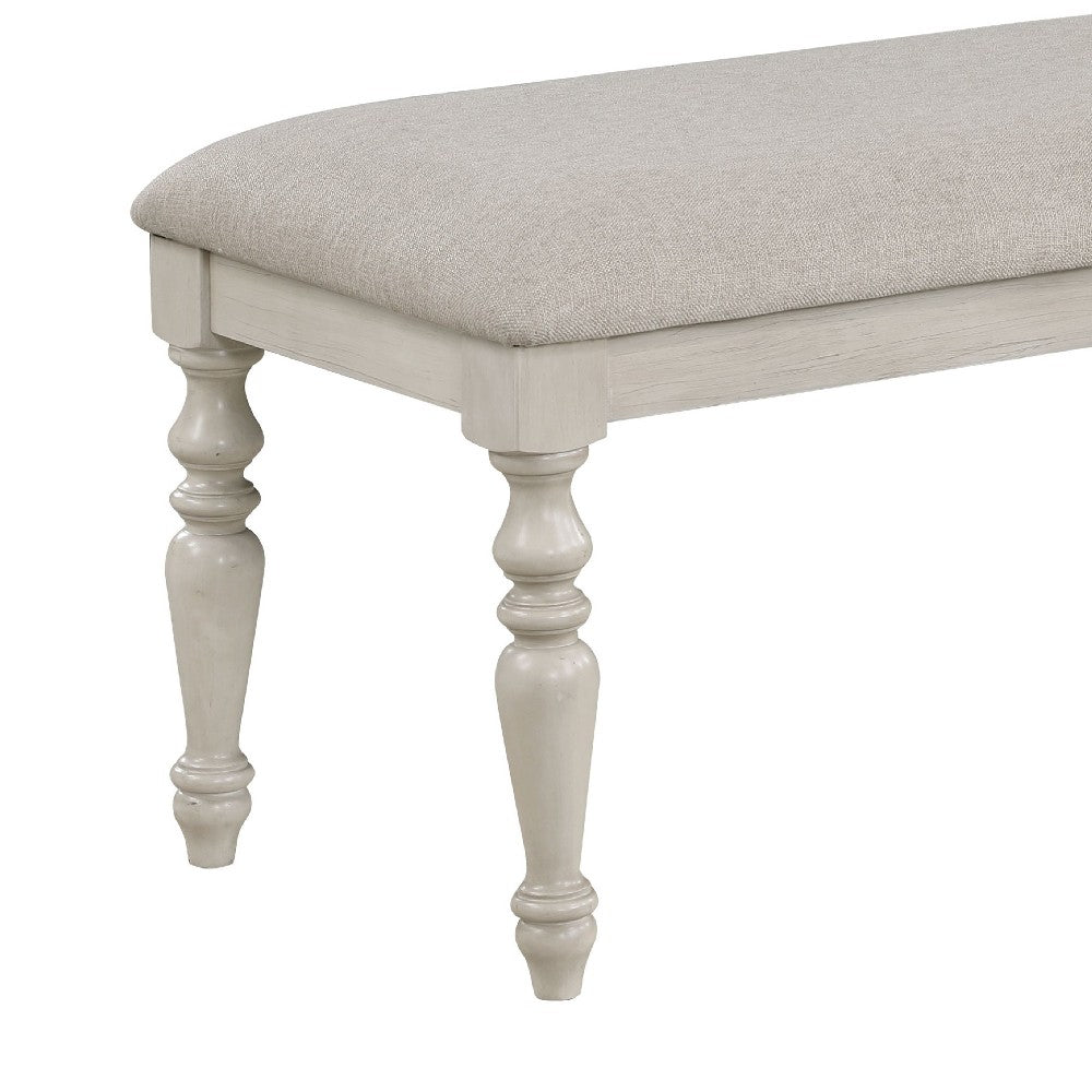 Benjara Katherine 48 Inch Bench with Fabric Seat And Turned Legs, White