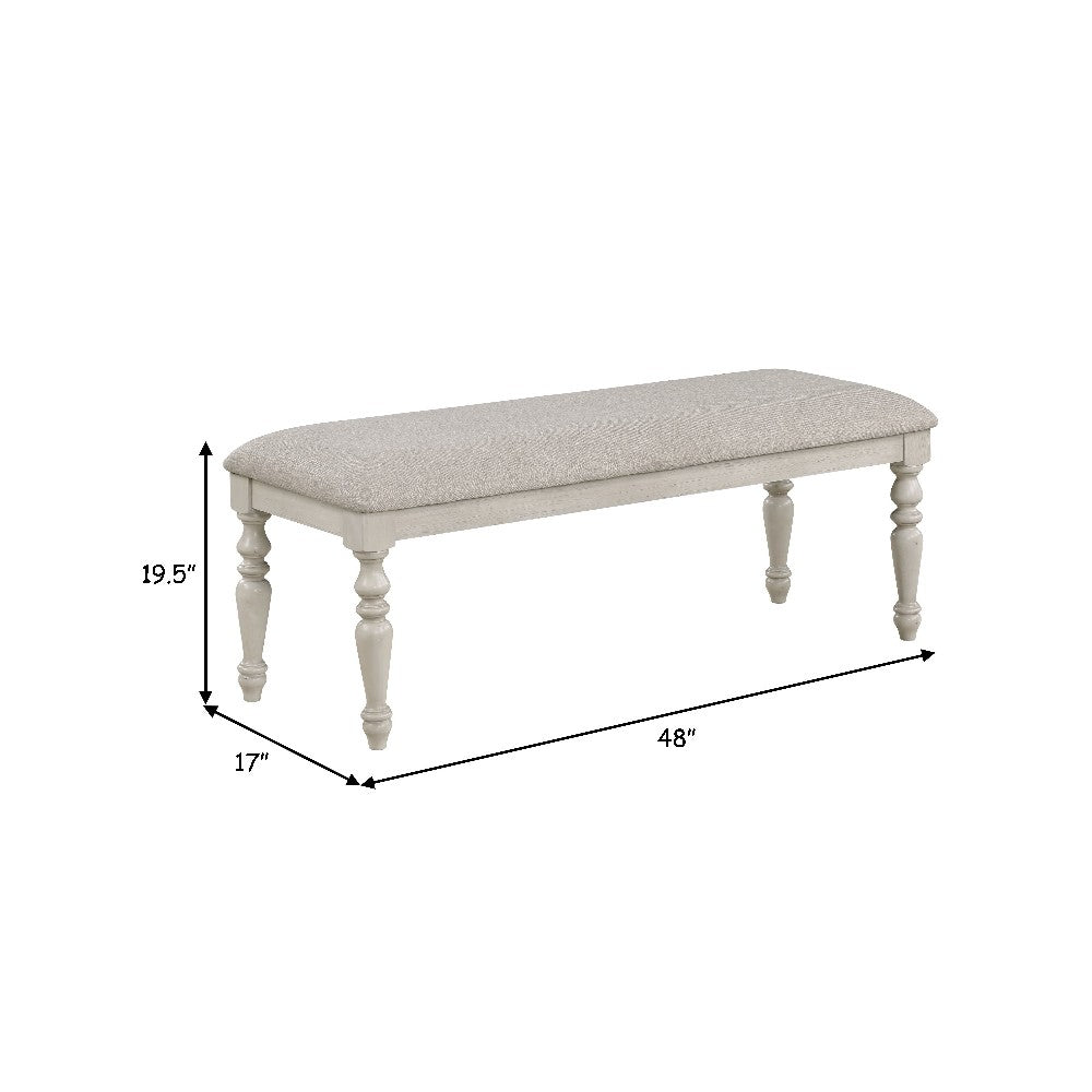 Benjara Katherine 48 Inch Bench with Fabric Seat And Turned Legs, White