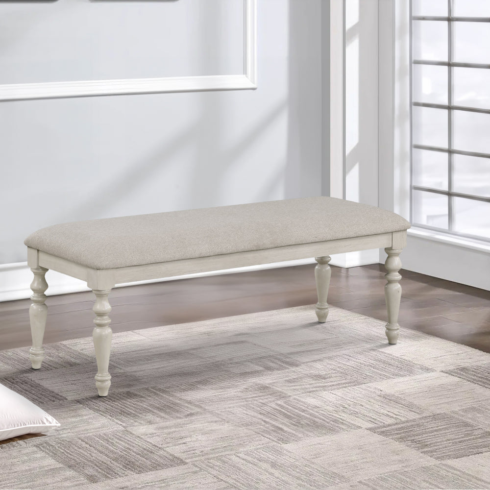 Benjara Katherine 48 Inch Bench with Fabric Seat And Turned Legs, White
