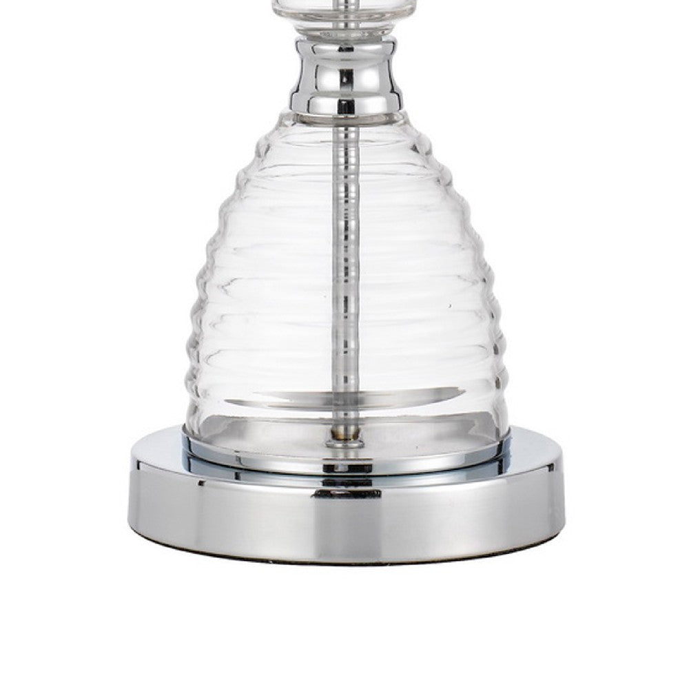 Benjara 23 Inch Hourglass Ribbed Glass Base Table Lamp, Dimmer, Clear