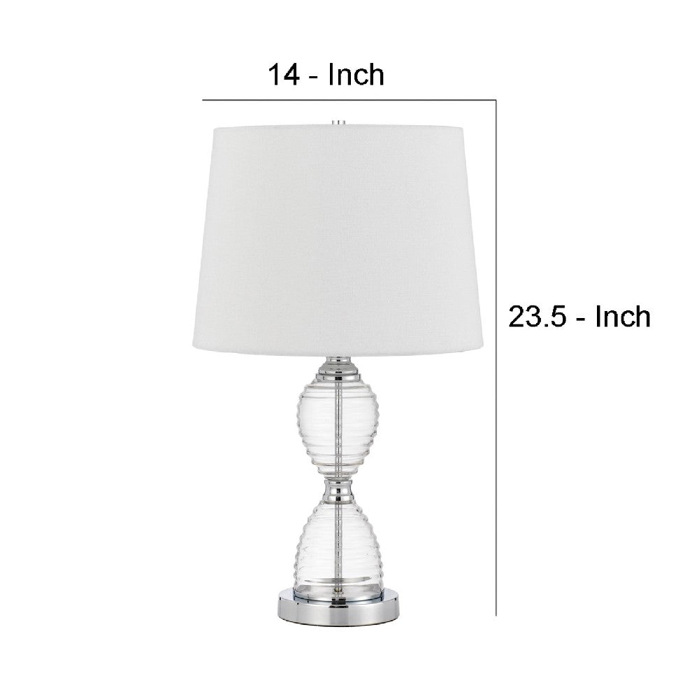 Benjara 23 Inch Hourglass Ribbed Glass Base Table Lamp, Dimmer, Clear
