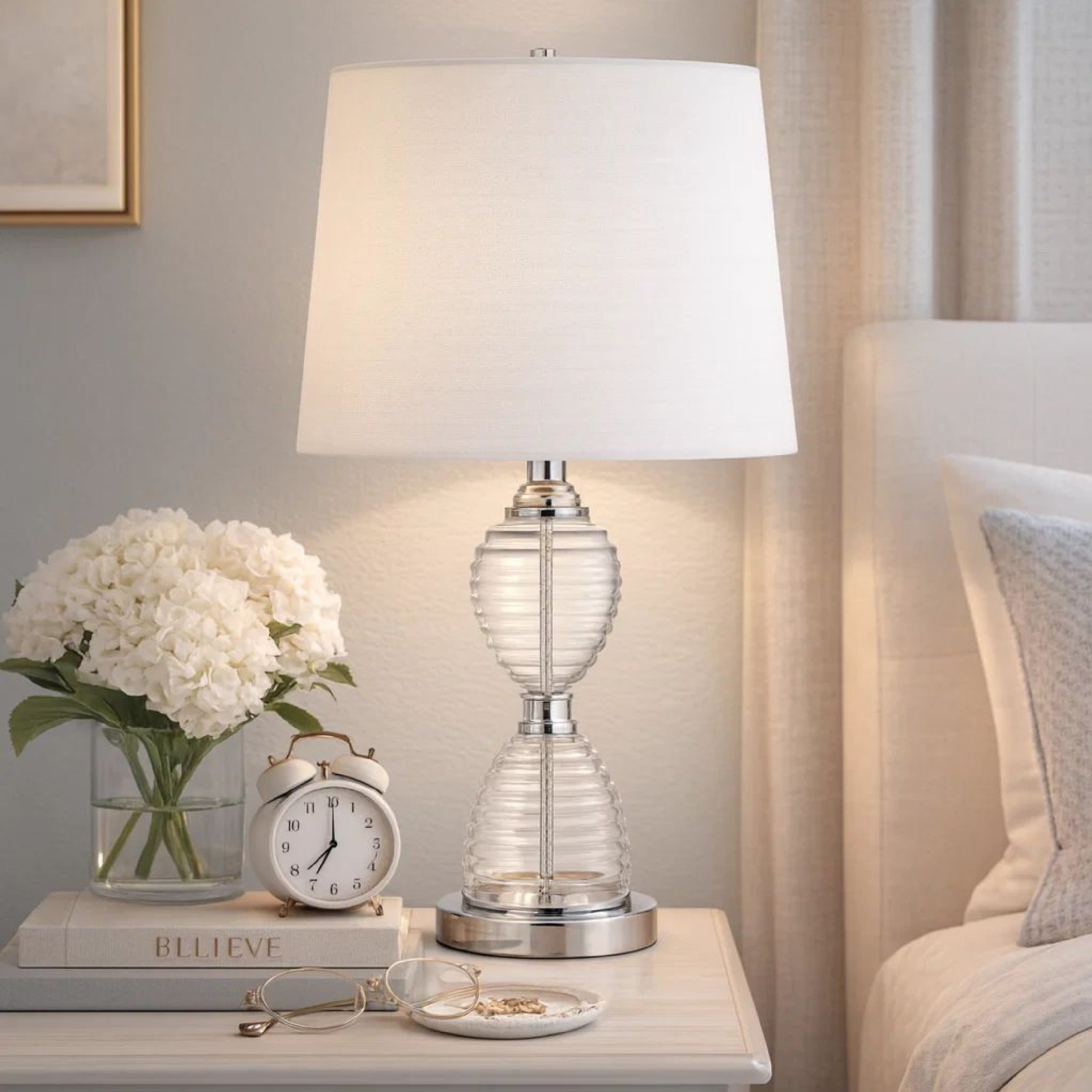 Benjara 23 Inch Hourglass Ribbed Glass Base Table Lamp, Dimmer, Clear