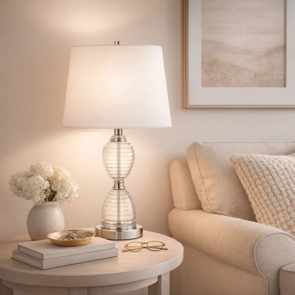 Benjara 23 Inch Hourglass Ribbed Glass Base Table Lamp, Dimmer, Clear