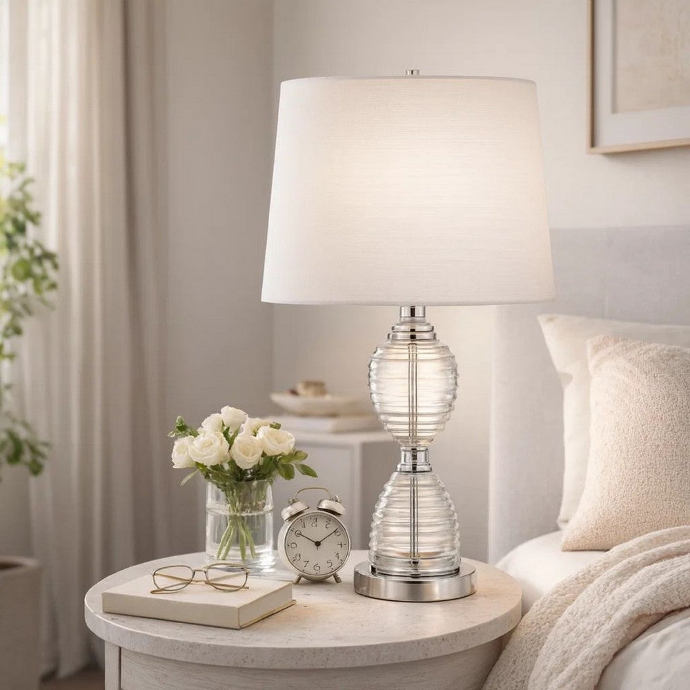 Benjara 23 Inch Hourglass Ribbed Glass Base Table Lamp, Dimmer, Clear