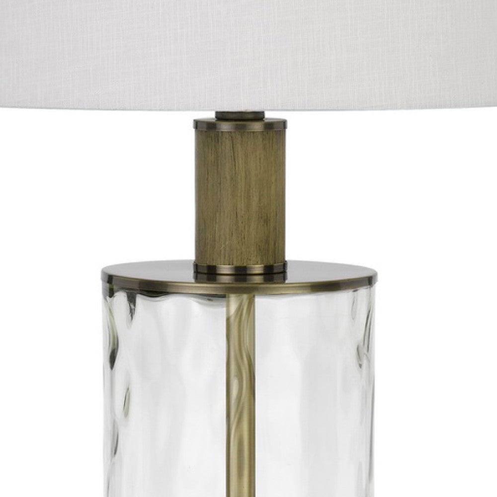 Benjara 42 Inch Clear Glass Table Lamp with Dimmer And Oak Wood Accent