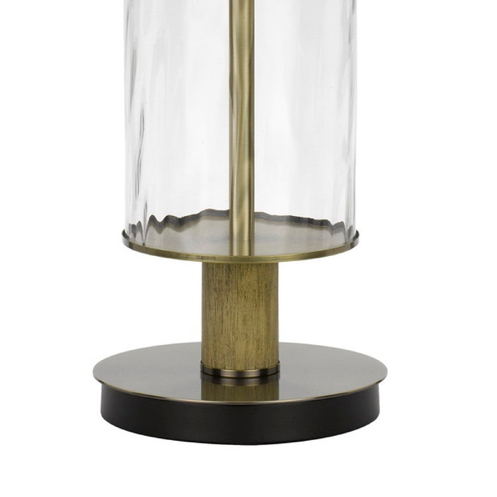 Benjara 42 Inch Clear Glass Table Lamp with Dimmer And Oak Wood Accent