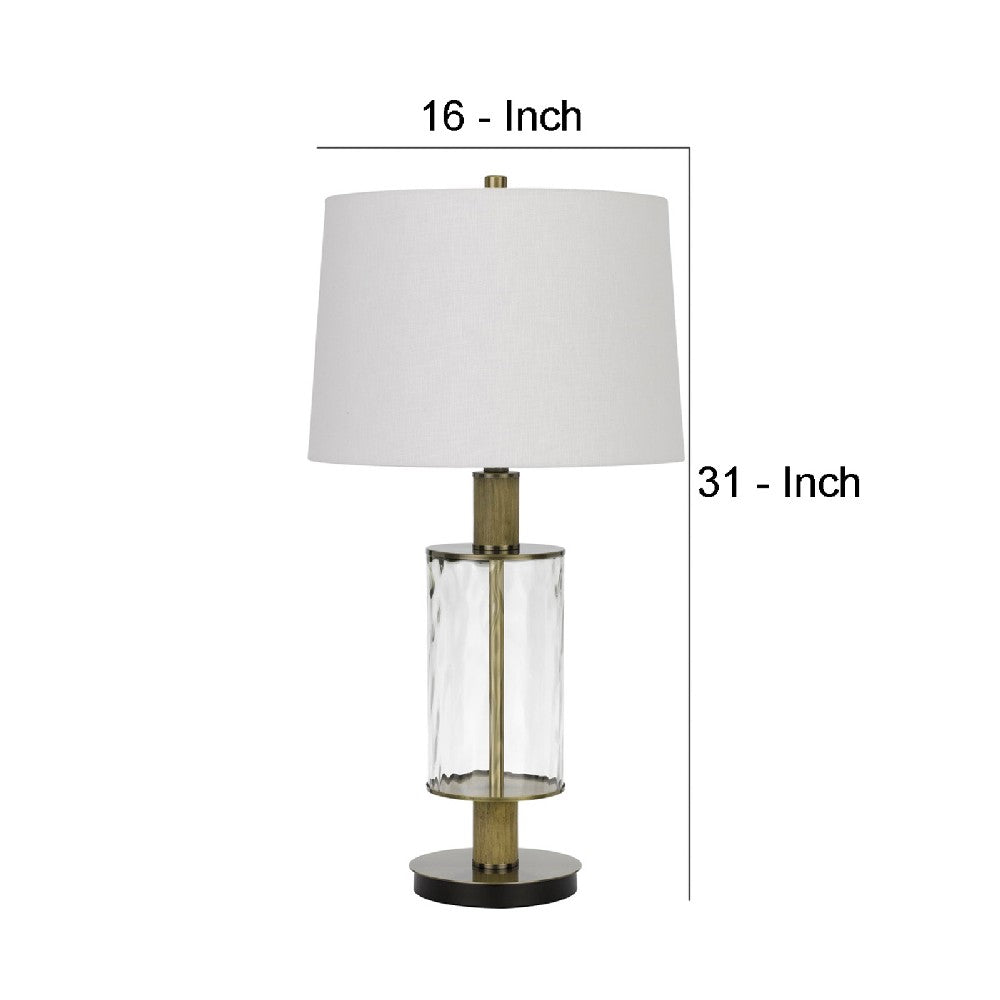 Benjara 42 Inch Clear Glass Table Lamp with Dimmer And Oak Wood Accent