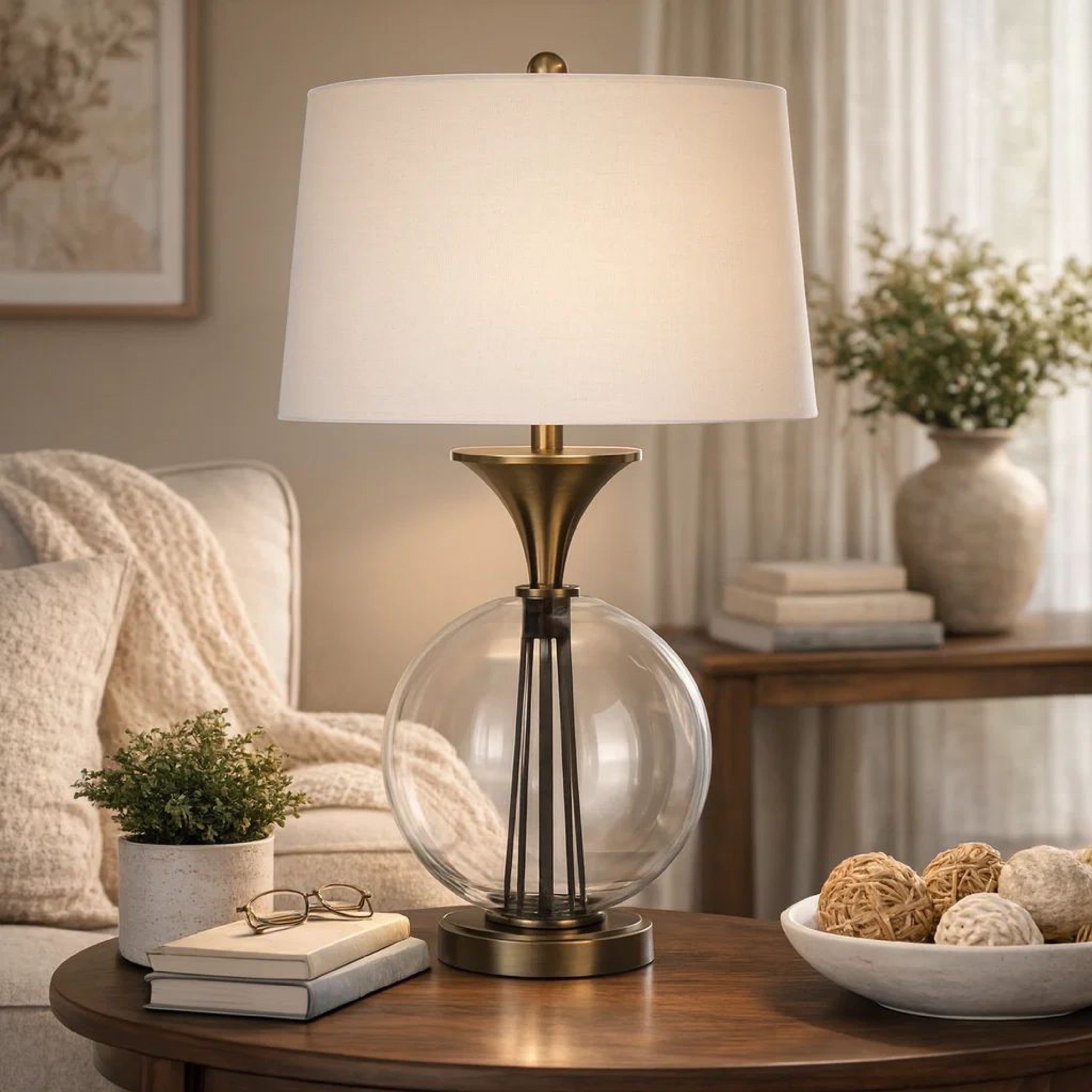 Benjara 46 Inch Metal And Glass Globe Table Lamp, Dimmer, Brass Finish