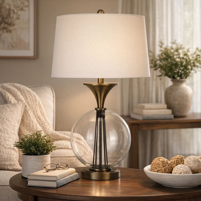 Benjara 46 Inch Metal And Glass Globe Table Lamp, Dimmer, Brass Finish