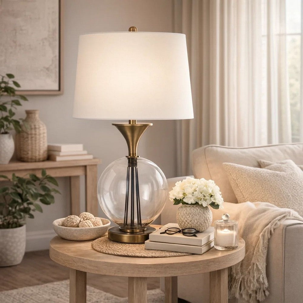 Benjara 46 Inch Metal And Glass Globe Table Lamp, Dimmer, Brass Finish