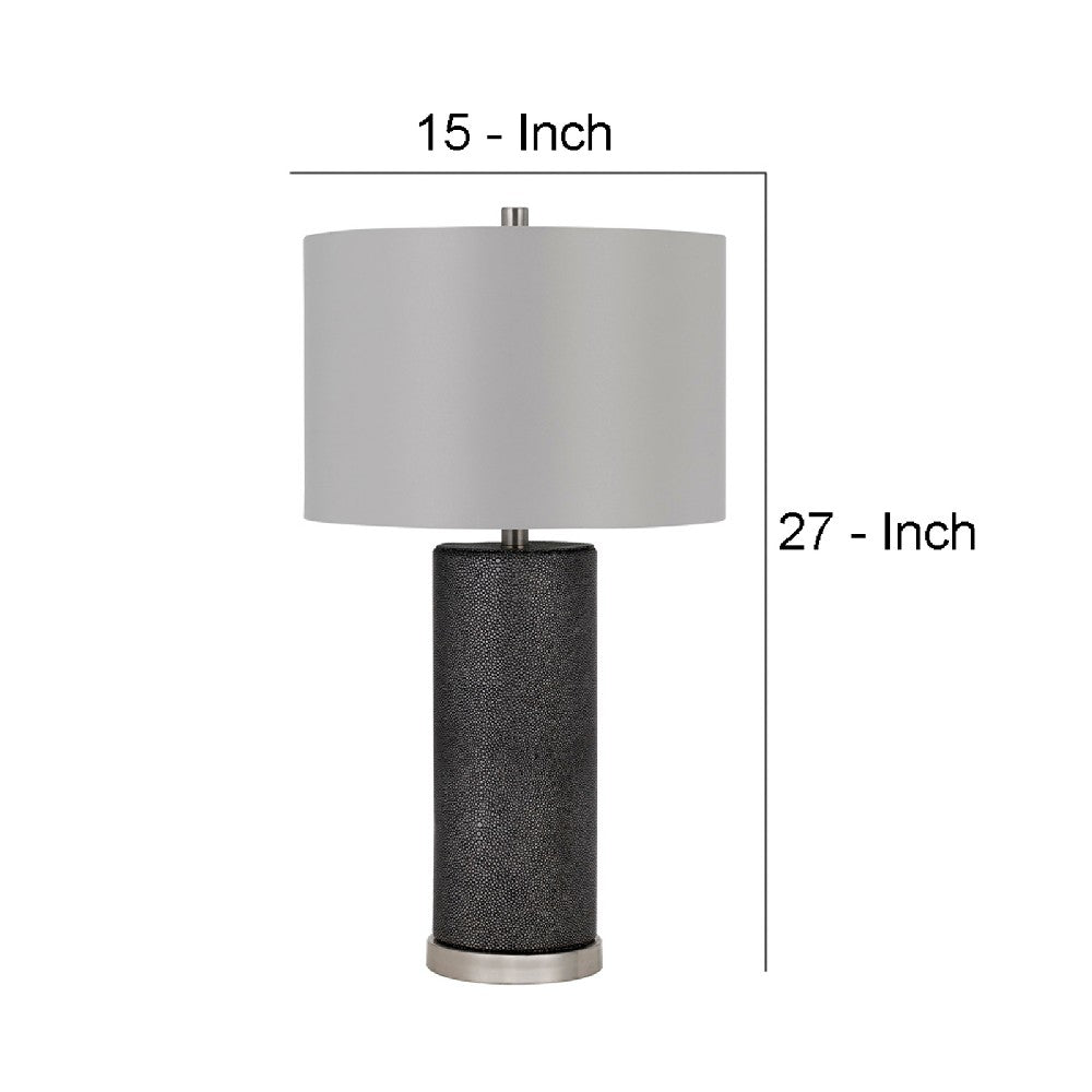 Benjara 27 Inch Ceramic Table Lamp, Faux Leather Wrapped, Dimmer, Gray