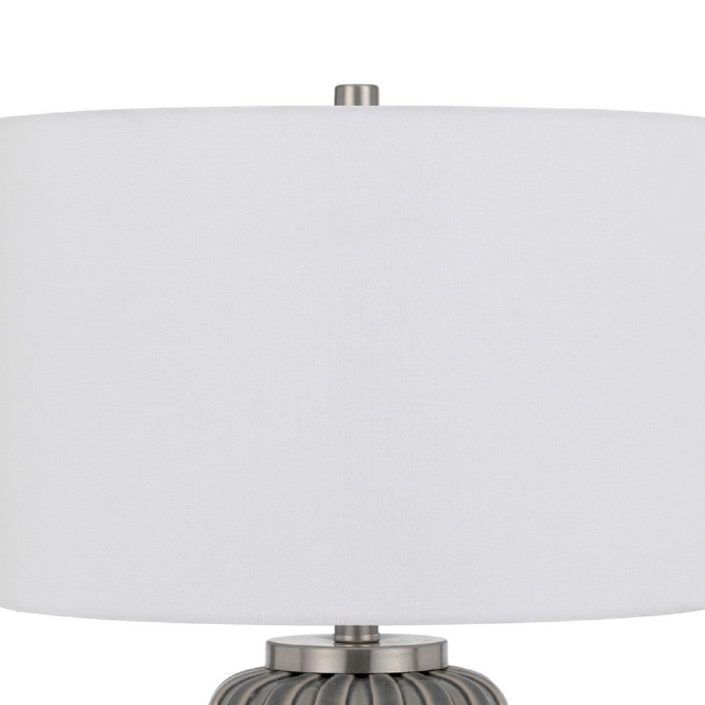 Benjara 29 Inch Ceramic Curved Table Lamp with Stripes, Dimmer, Gray