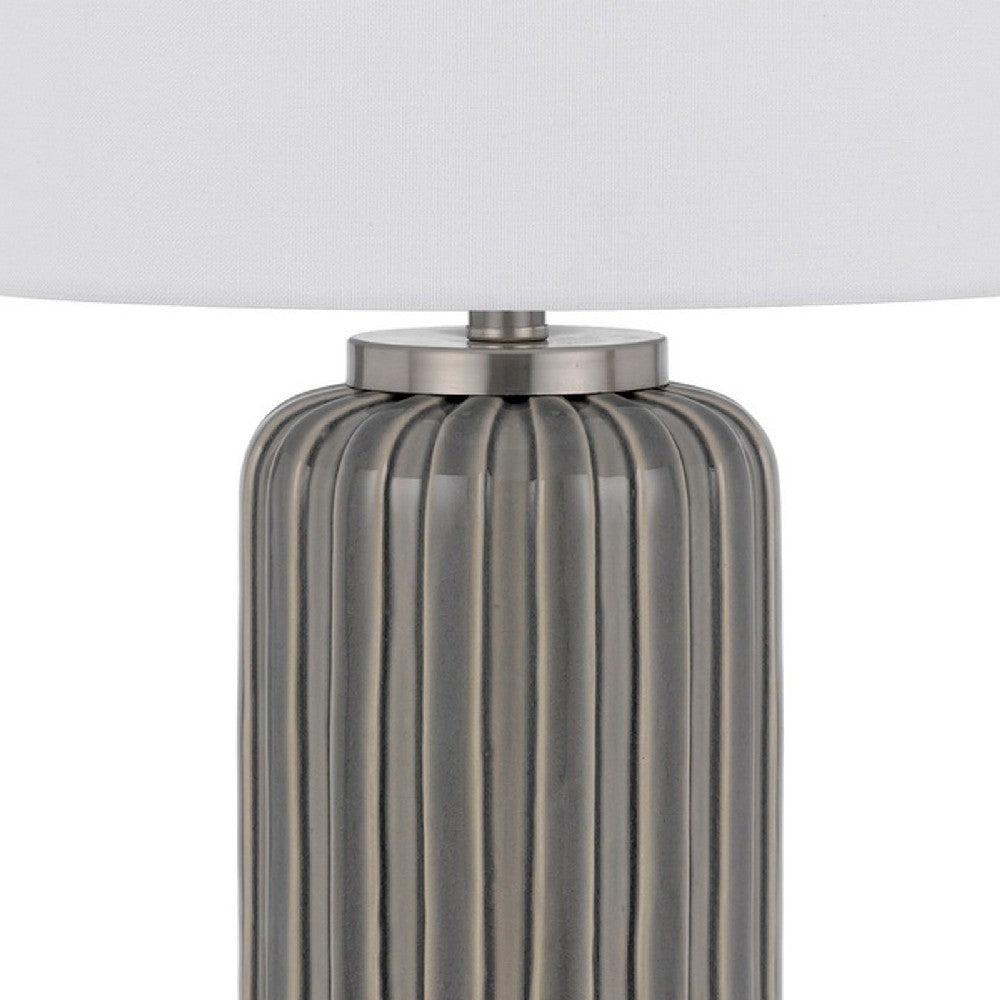 Benjara 29 Inch Ceramic Curved Table Lamp with Stripes, Dimmer, Gray