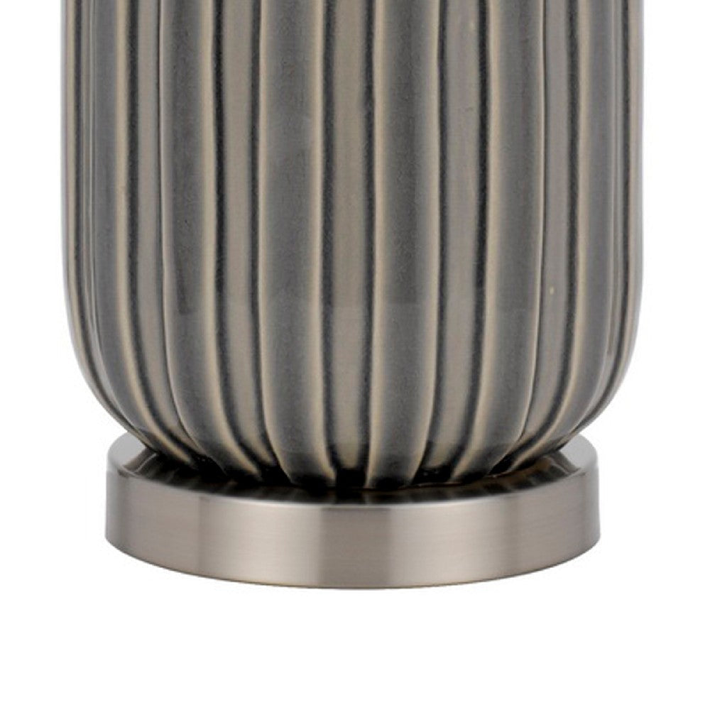 Benjara 29 Inch Ceramic Curved Table Lamp with Stripes, Dimmer, Gray
