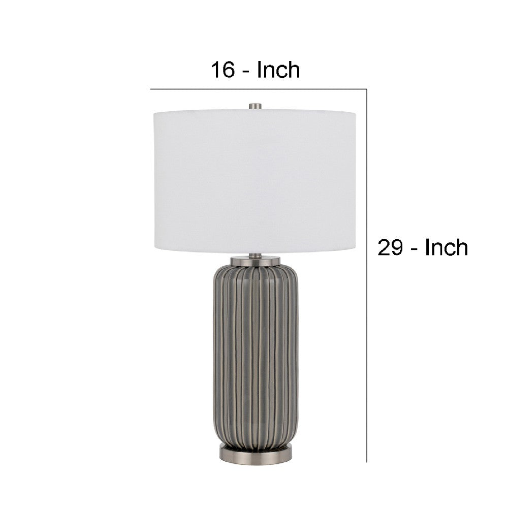 Benjara 29 Inch Ceramic Curved Table Lamp with Stripes, Dimmer, Gray