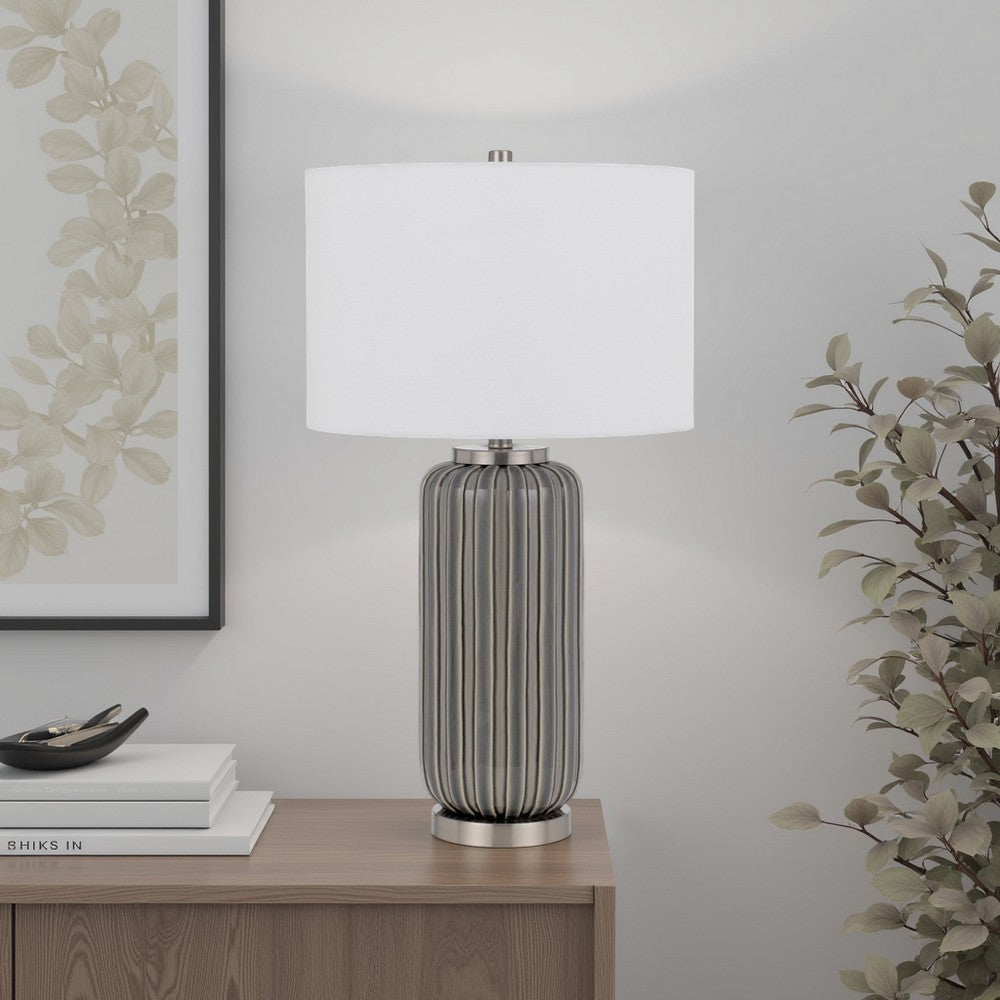 Benjara 29 Inch Ceramic Curved Table Lamp with Stripes, Dimmer, Gray