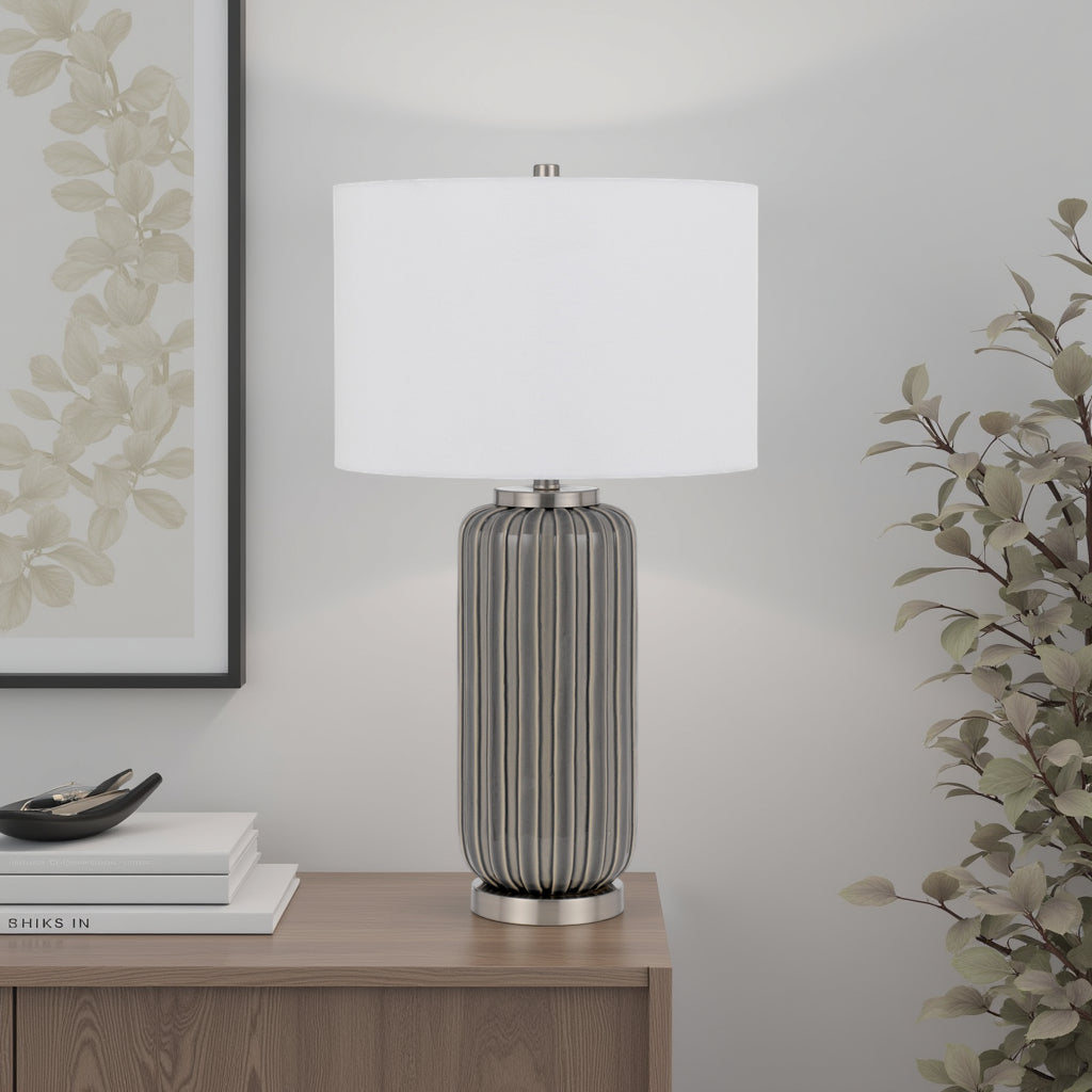 Benjara 29 Inch Ceramic Curved Table Lamp with Stripes, Dimmer, Gray