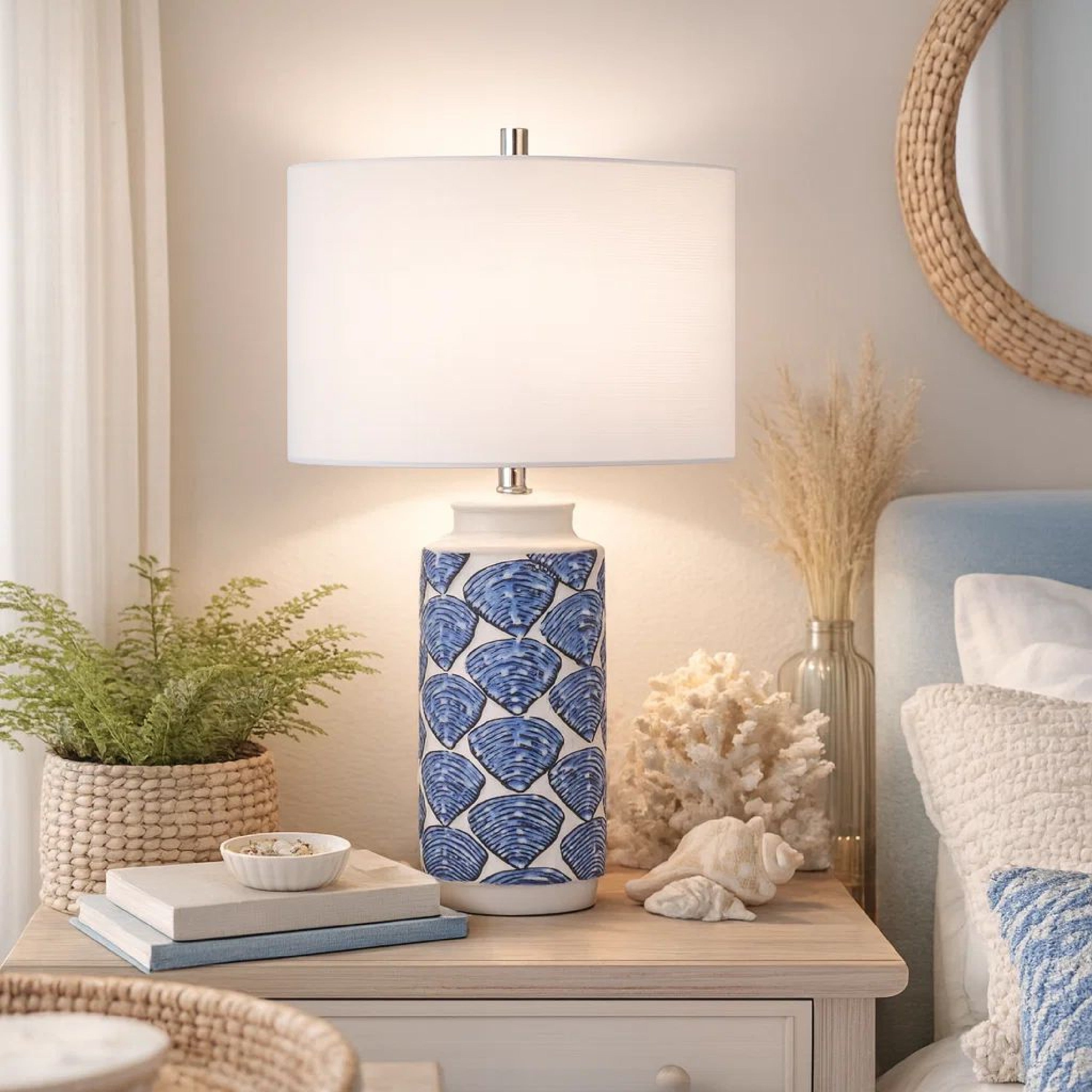 Benjara 27 Inch Coastal Ceramic Table Lamp, Dimmer, Sea Shells, Blue