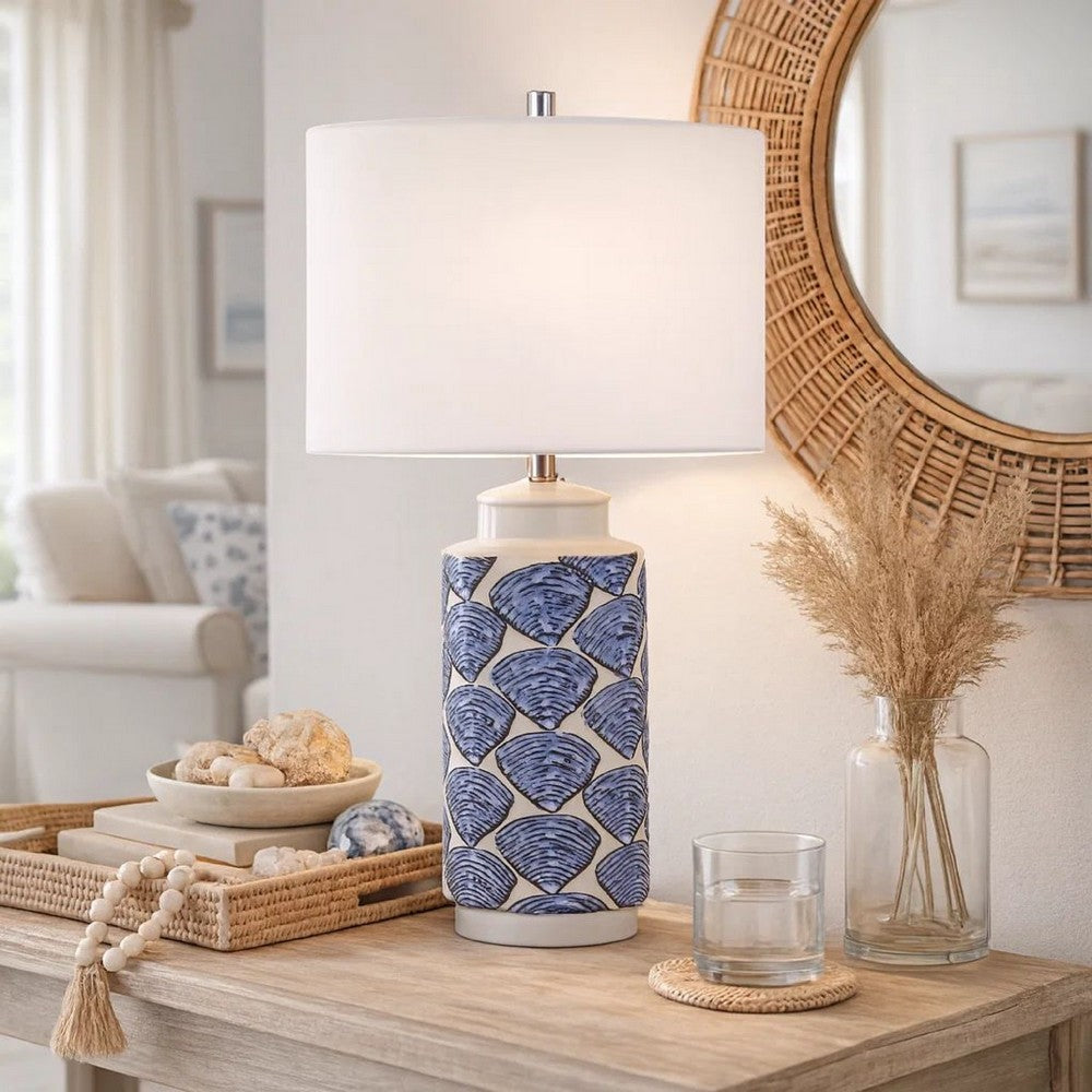 Benjara 27 Inch Coastal Ceramic Table Lamp, Dimmer, Sea Shells, Blue