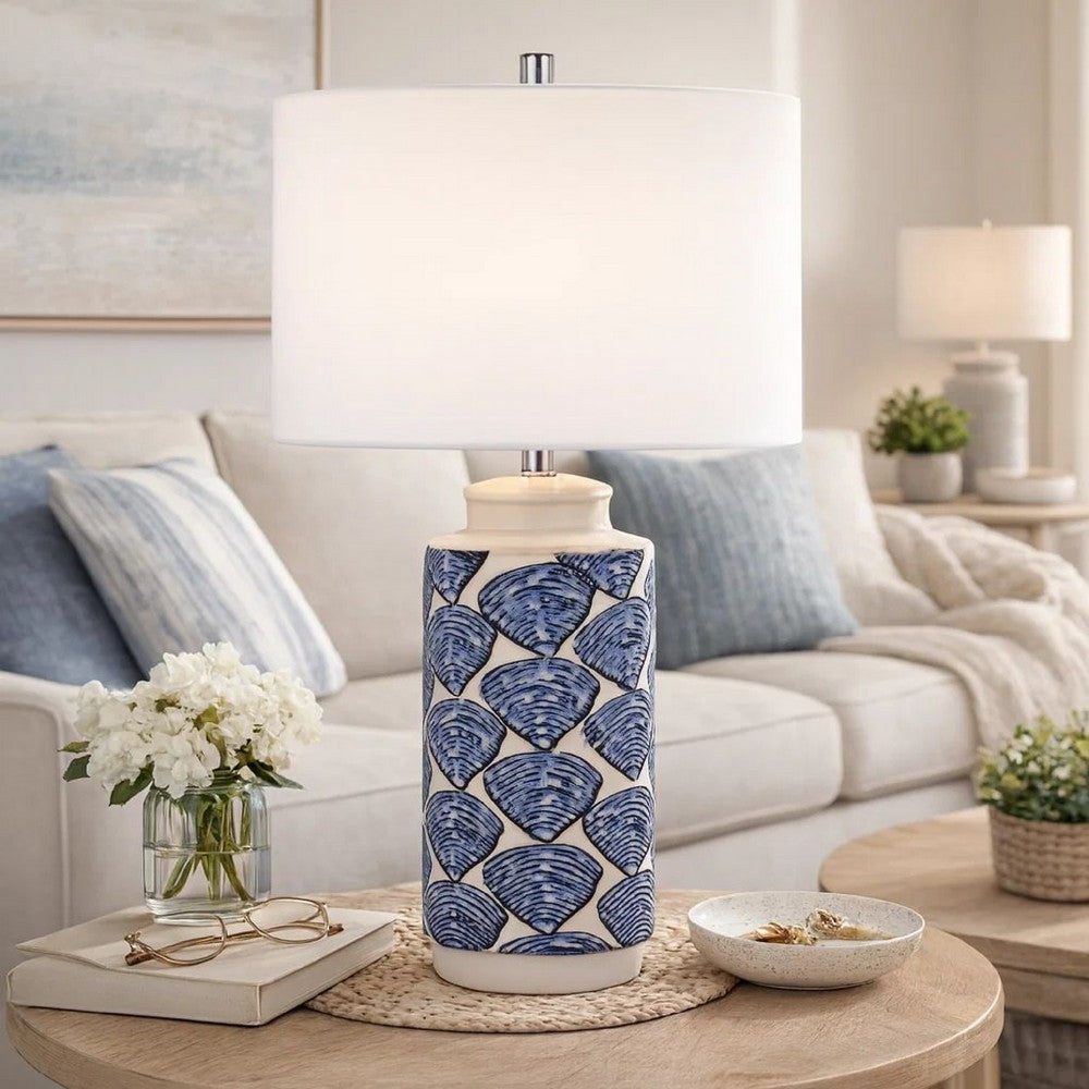 Benjara 27 Inch Coastal Ceramic Table Lamp, Dimmer, Sea Shells, Blue