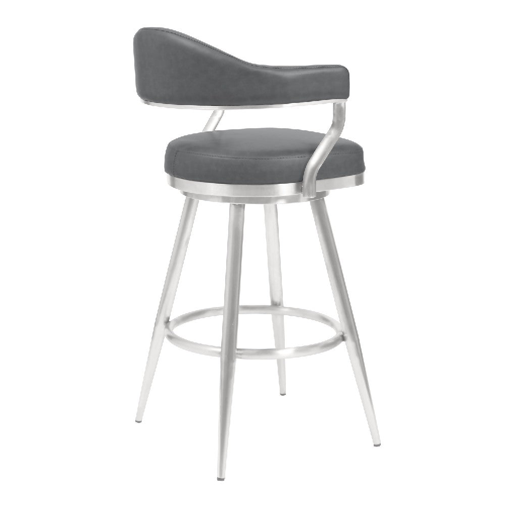 Benjara 26 Inch Vegan Faux Leather Metal Counter Stool, Gray, Silver