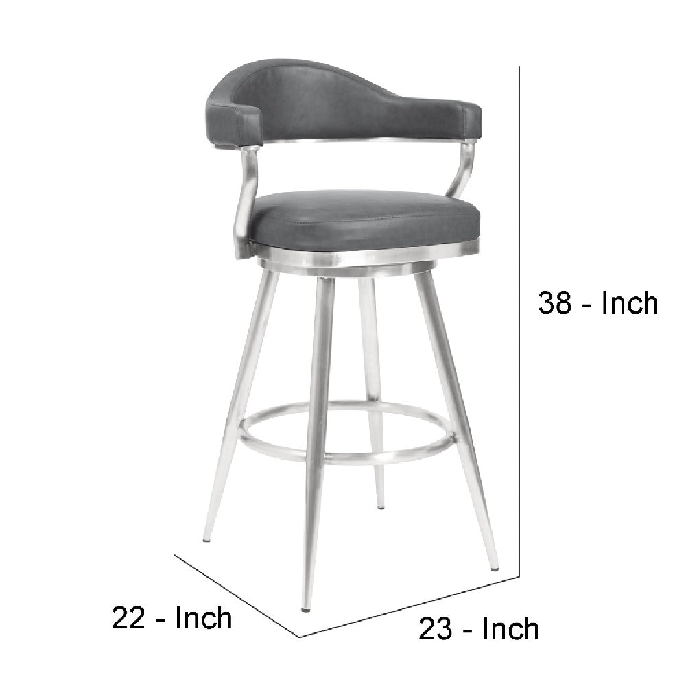 Benjara 26 Inch Vegan Faux Leather Metal Counter Stool, Gray, Silver