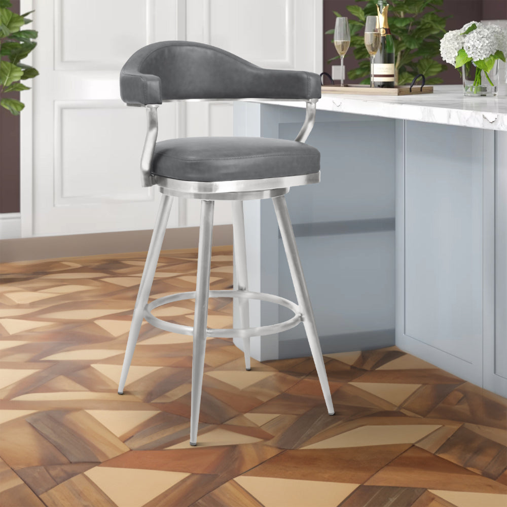 Benjara 26 Inch Vegan Faux Leather Metal Counter Stool, Gray, Silver