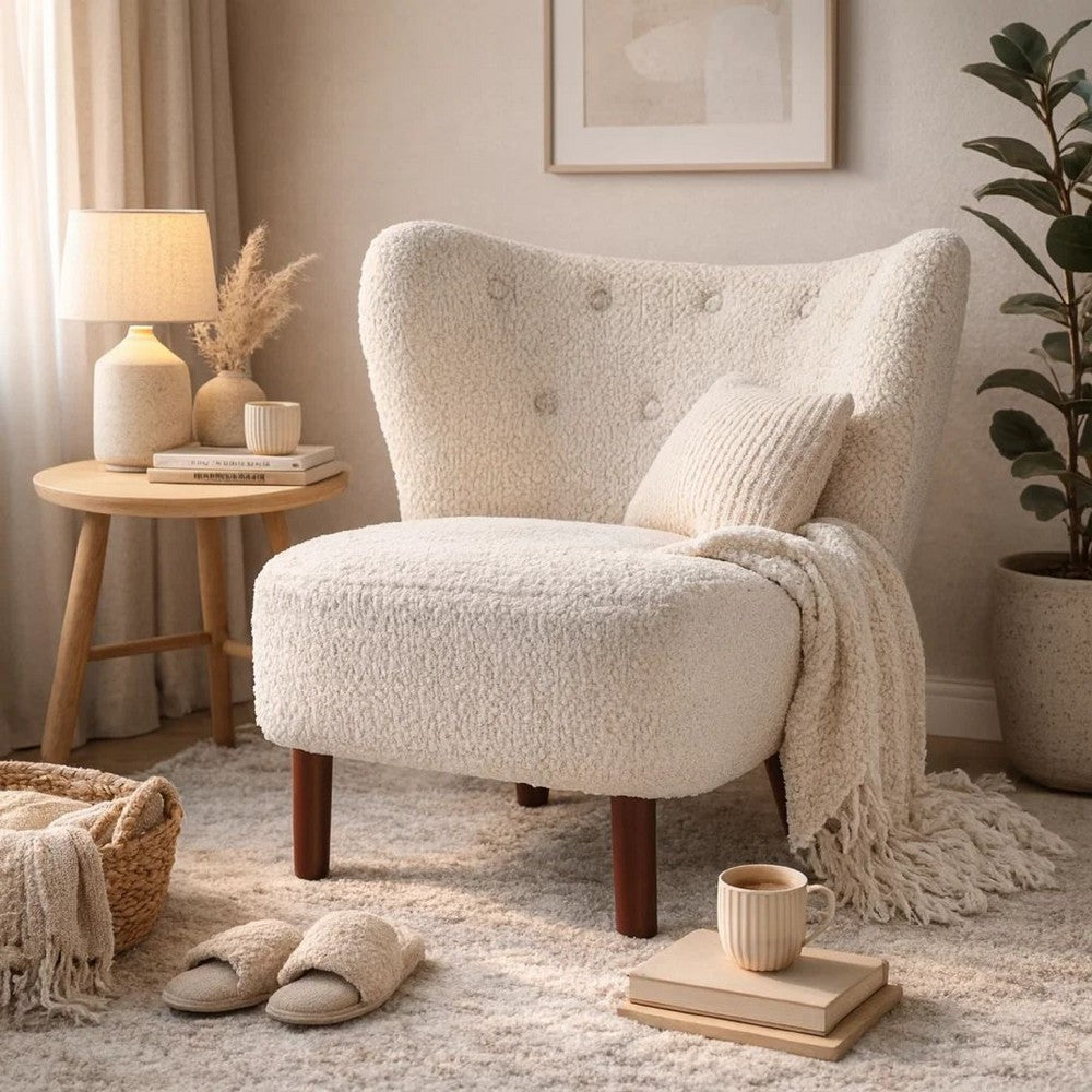 Benjara 34 Inch Modern Tufted Wingback Accent Chair, Teddy Sherpa Fabric, White