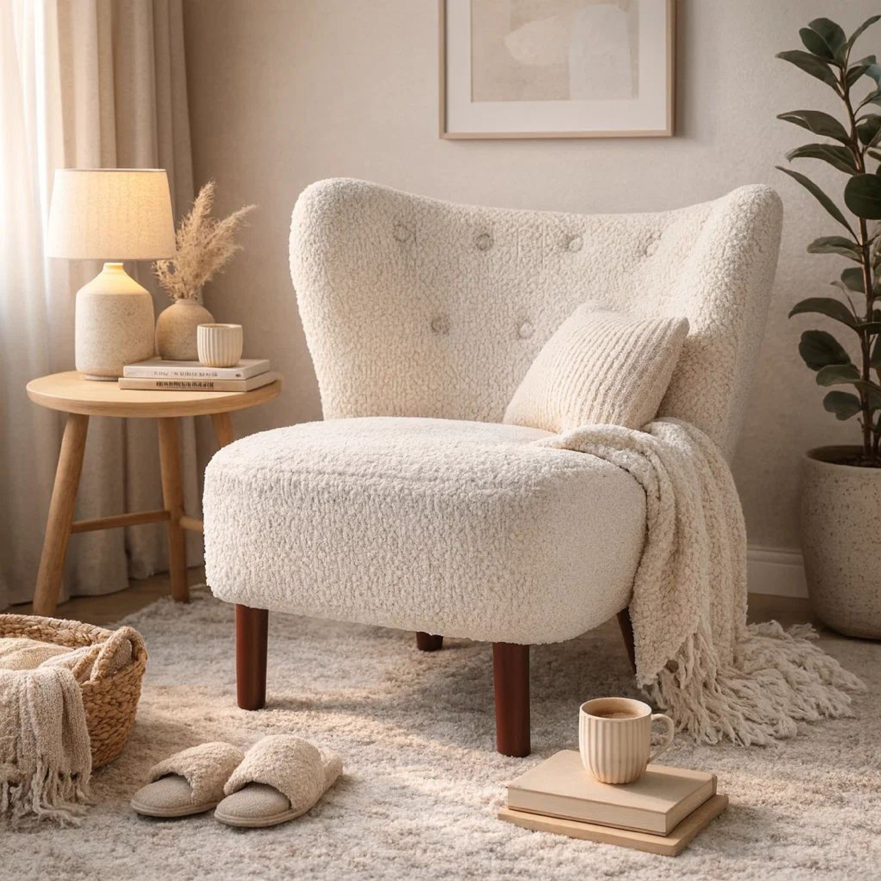 Benjara 34 Inch Modern Tufted Wingback Accent Chair, Teddy Sherpa Fabric, White