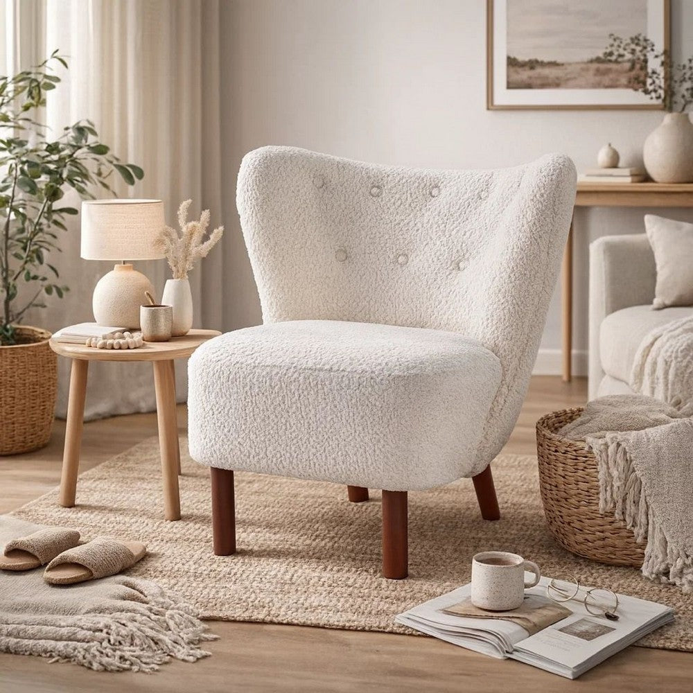 Benjara 34 Inch Modern Tufted Wingback Accent Chair, Teddy Sherpa Fabric, White