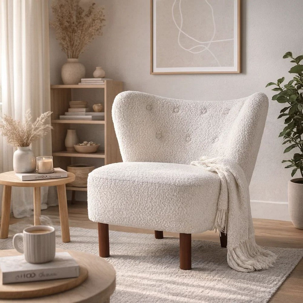 Benjara 34 Inch Modern Tufted Wingback Accent Chair, Teddy Sherpa Fabric, White