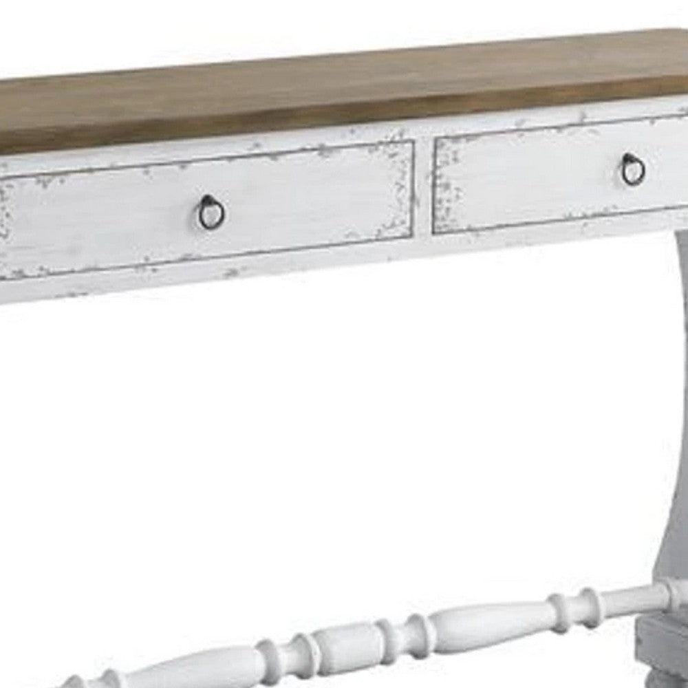 Benjara 48 Inch 2 Drawer Console Table, Ring Metal Handles, Distressed White