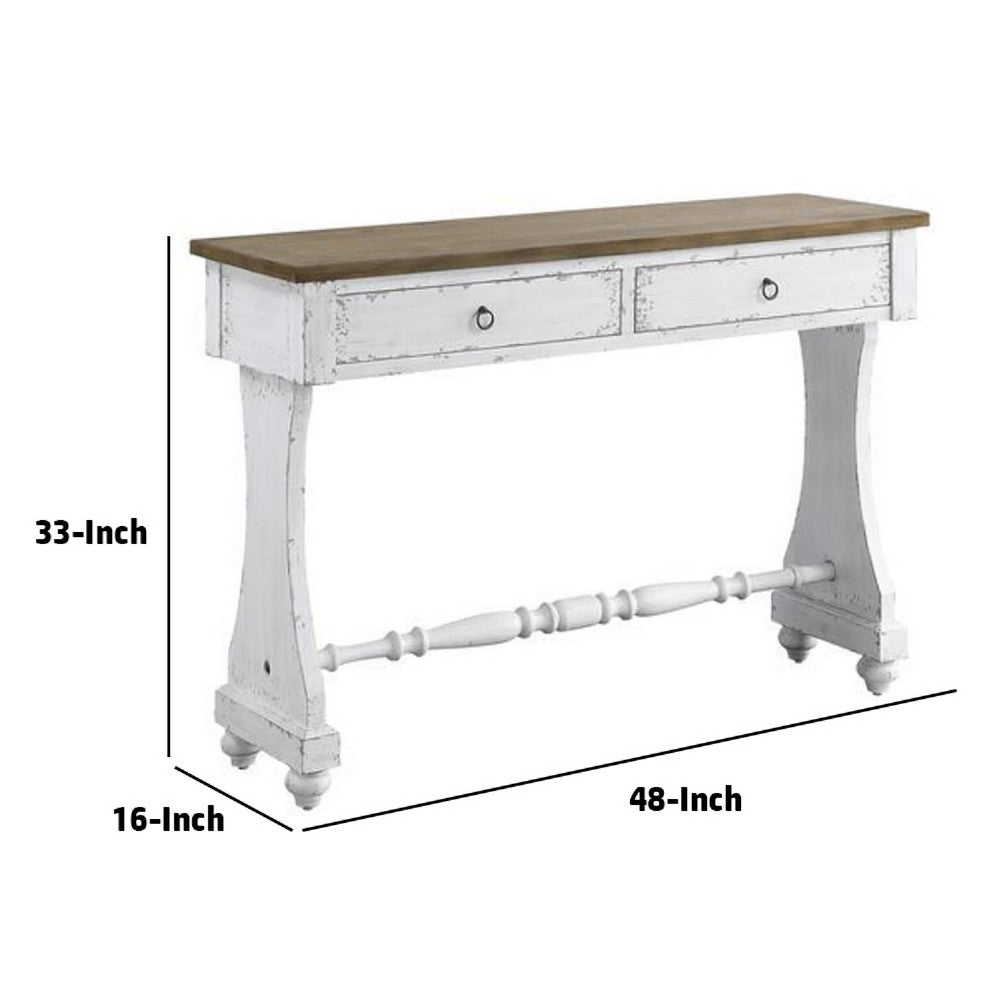 Benjara 48 Inch 2 Drawer Console Table, Ring Metal Handles, Distressed White