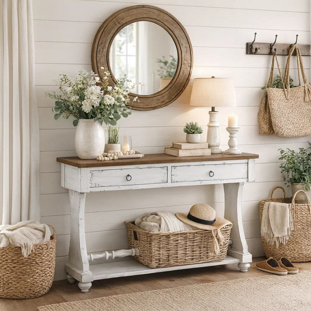 Benjara 48 Inch 2 Drawer Console Table, Ring Metal Handles, Distressed White