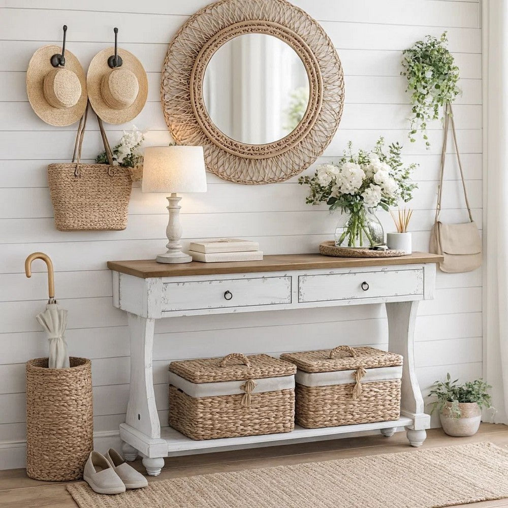 Benjara 48 Inch 2 Drawer Console Table, Ring Metal Handles, Distressed White