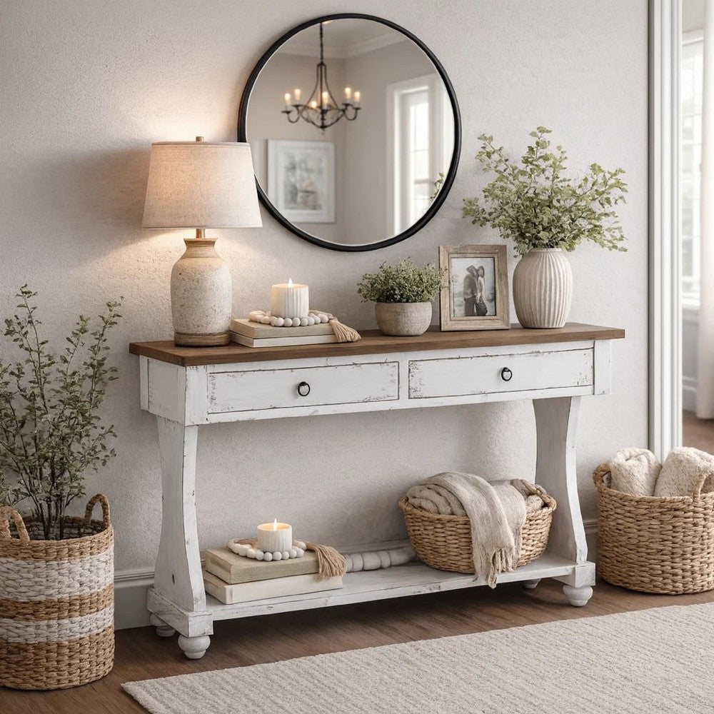 Benjara 48 Inch 2 Drawer Console Table, Ring Metal Handles, Distressed White